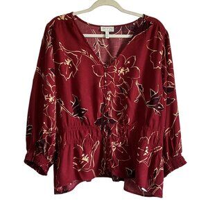 Sofía Jeans By Sofía Vergara Womens 2X Burgundy Viscose Floral Blouse Smocking